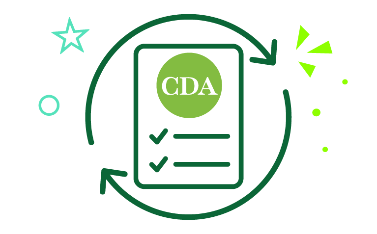 Icon of paper and circle with arrows, representing CDA Renewal Scholarships