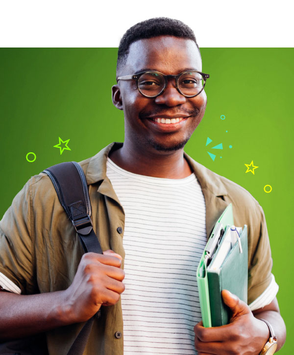 CDA Scholarships Section Image: Smiling man with book-bag and books.
